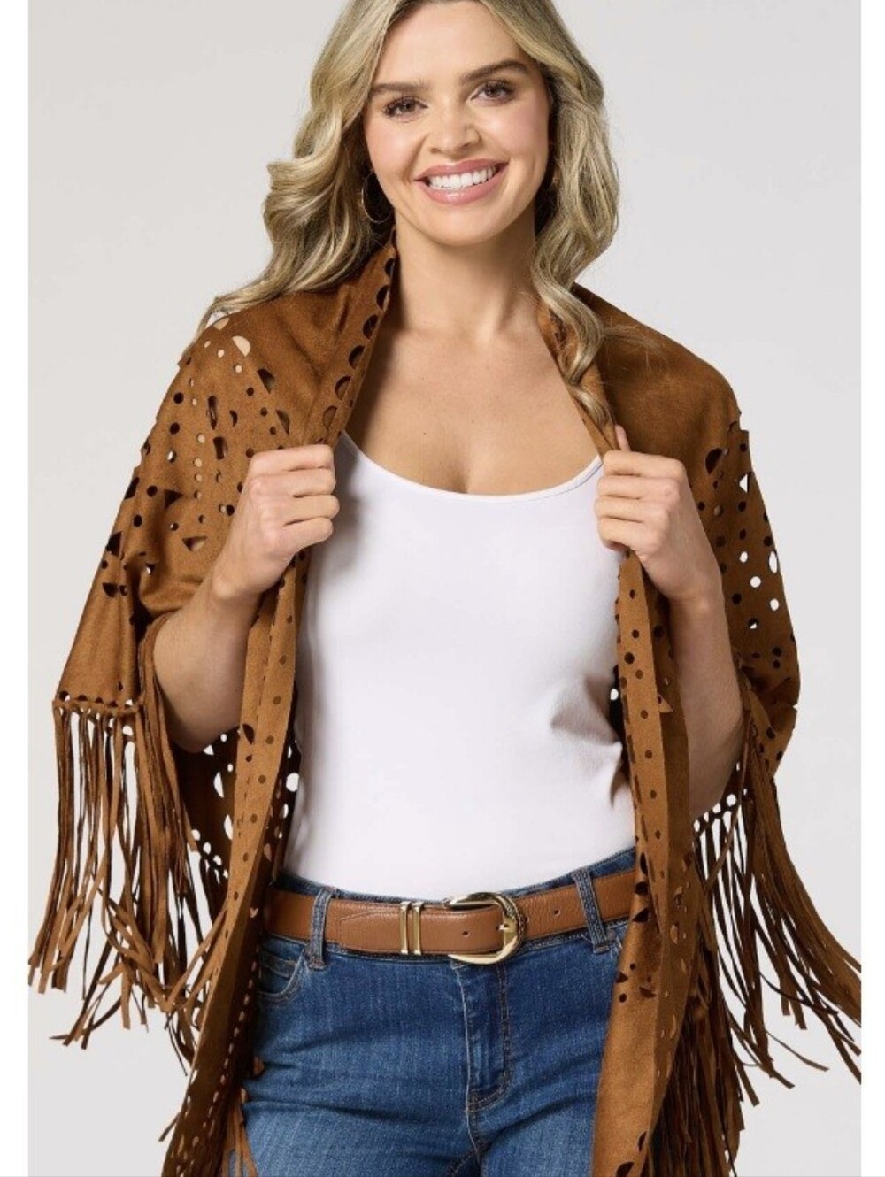 PERSUN Women's Faux Suede Laser Cut Fringe Kimono Cape Shawl
